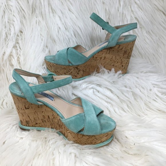 Prada Light Green Suede Cork Wedge Sandals Size 37 US 7 Authentic Read Descrip - Picture 1 of 15